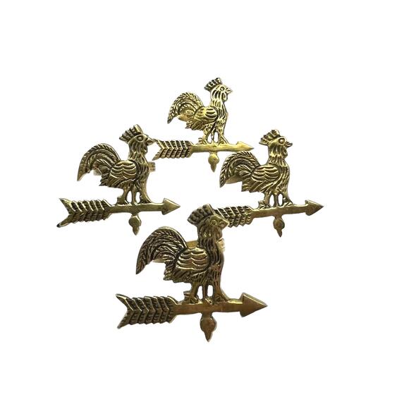 Rooster Napkin Rings Weathervane Brass Tone Set of Four Vintage Repaired Country